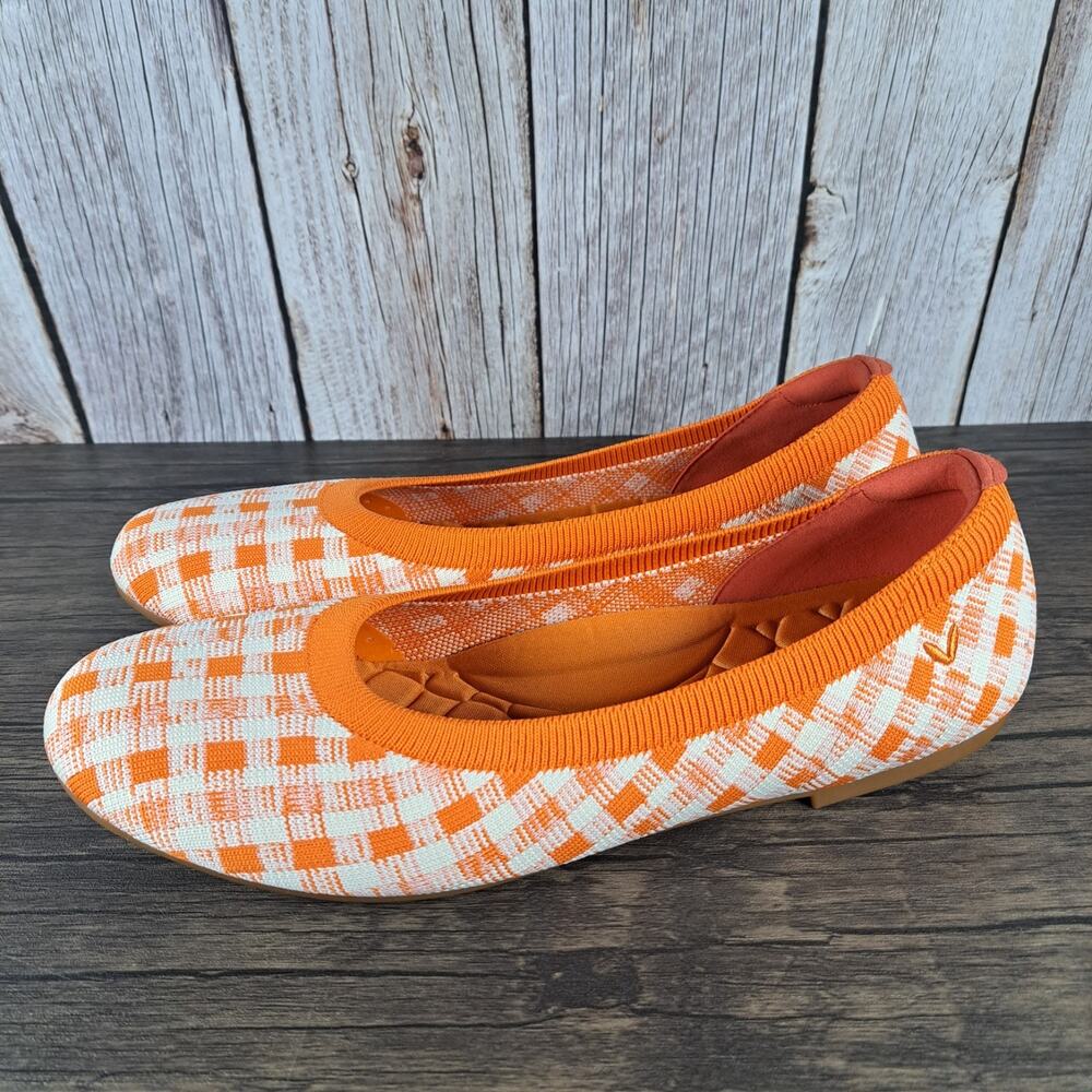 Vivaia Claire Round Toe Ballet Flats Women’s Sz 10.5 EU42 Citrus Orange Gingham - Picture 1 of 8